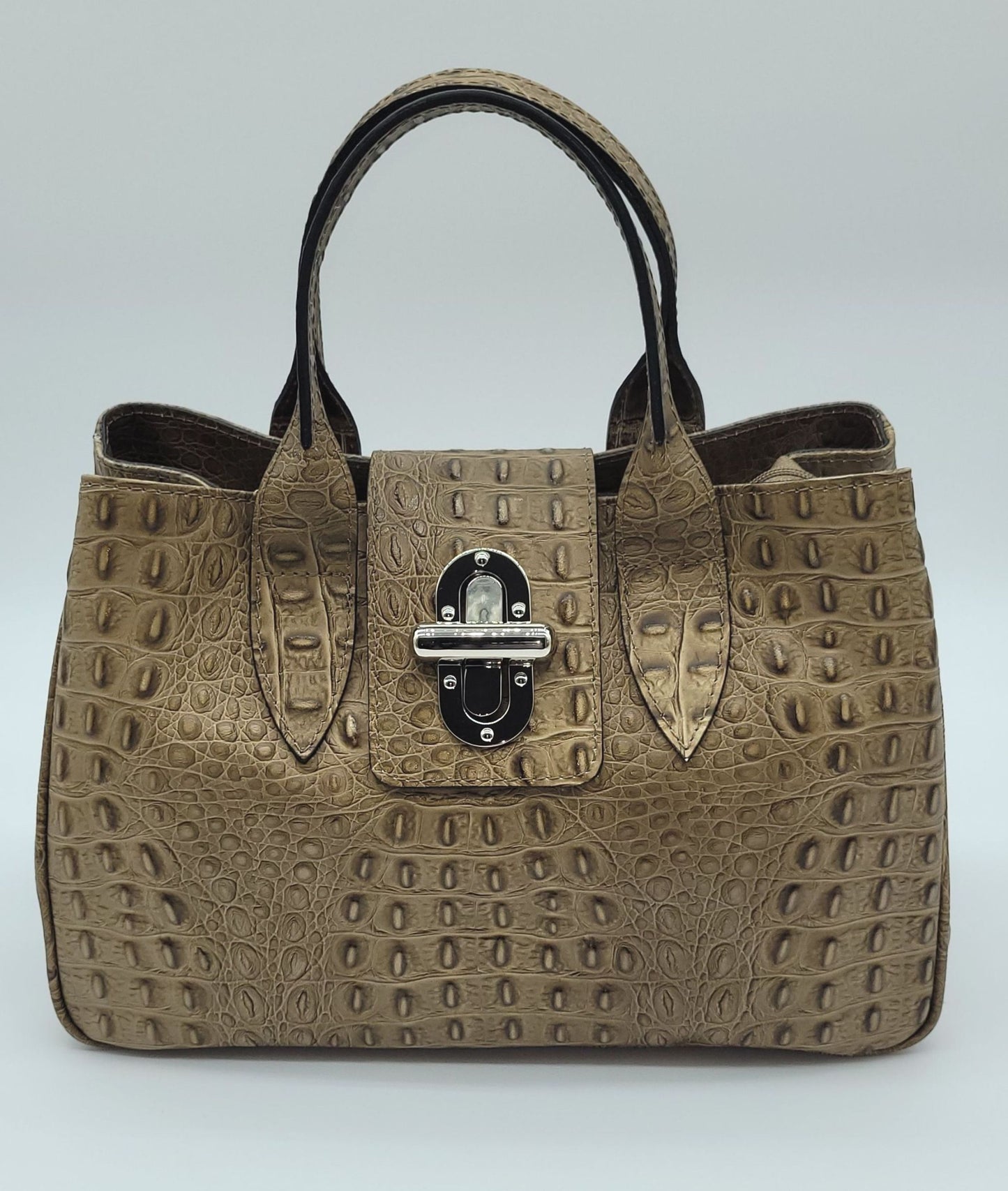 Genuine Leather Croc Embossed Satchel Handbag - Taupe – Made In Italy