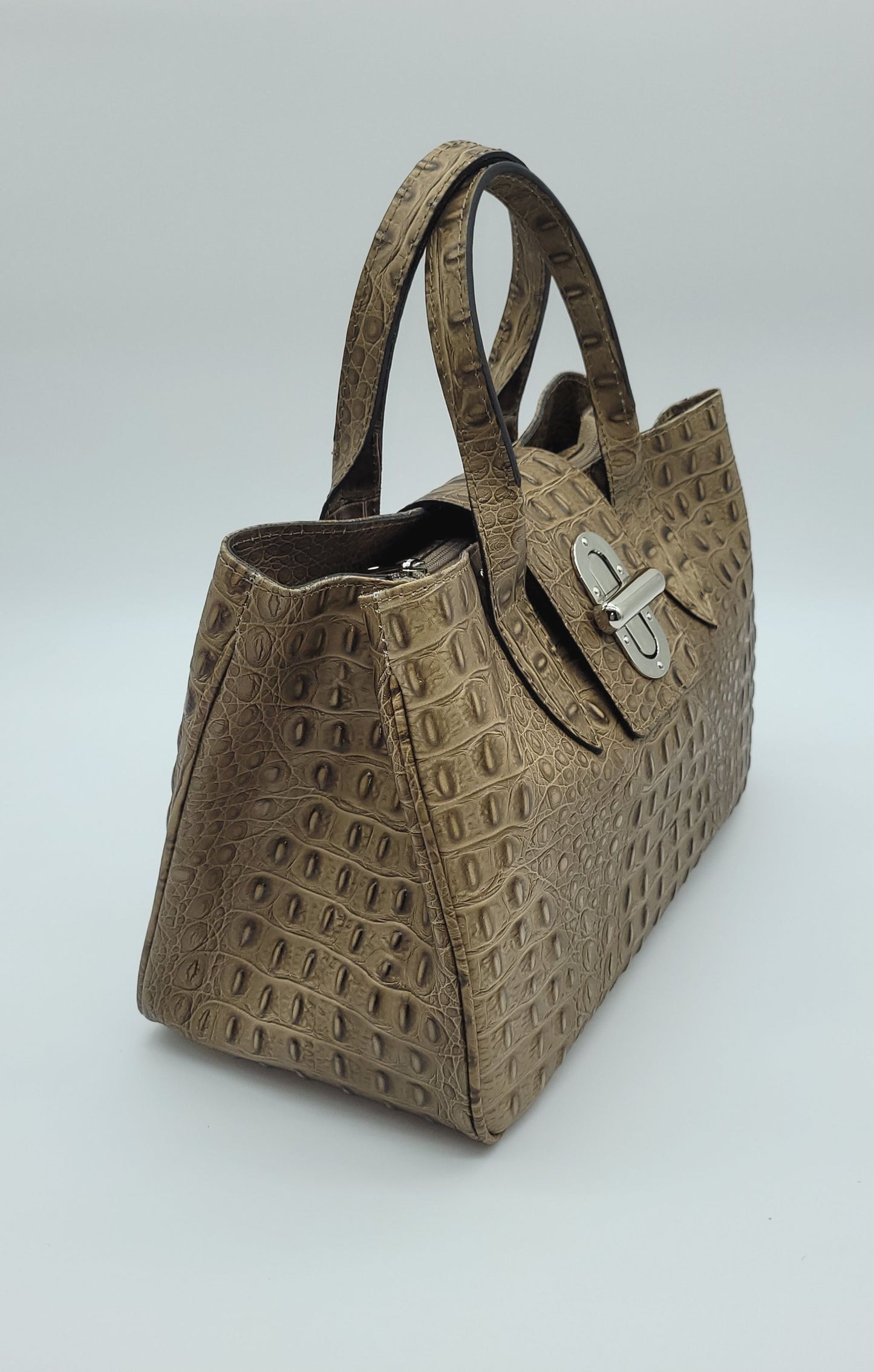 Genuine Leather Croc Embossed Satchel Handbag - Taupe – Made In Italy
