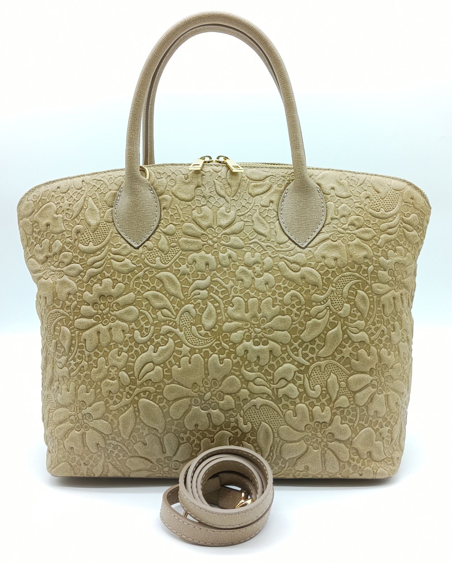 Taupe Genuine Leather Floral Embossed Handbag Satchel – Made In Italy