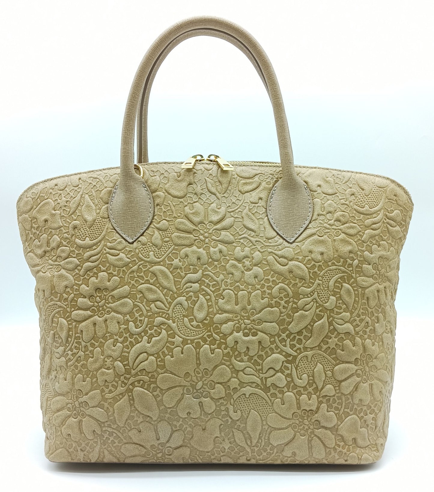 Taupe Genuine Leather Floral Embossed Handbag Satchel – Made In Italy