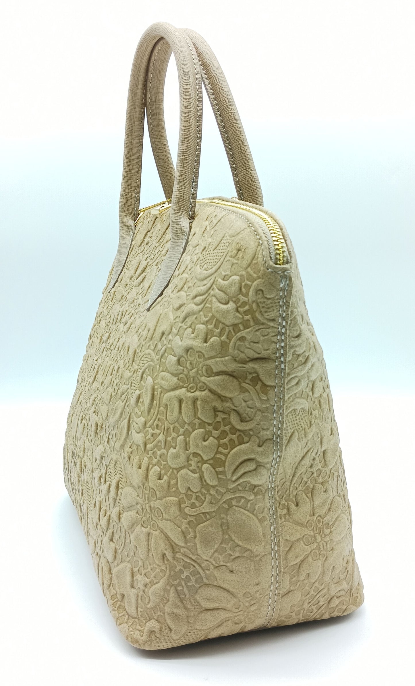 Taupe Genuine Leather Floral Embossed Handbag Satchel – Made In Italy