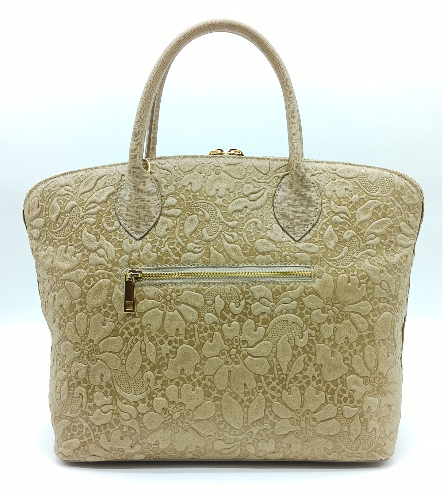 Taupe Genuine Leather Floral Embossed Handbag Satchel – Made In Italy