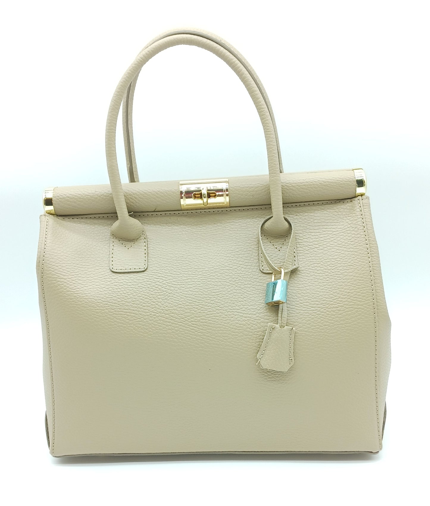 Lock & Key Genuine Pebble Leather Handbag Satchel – Made In Italy - Taupe