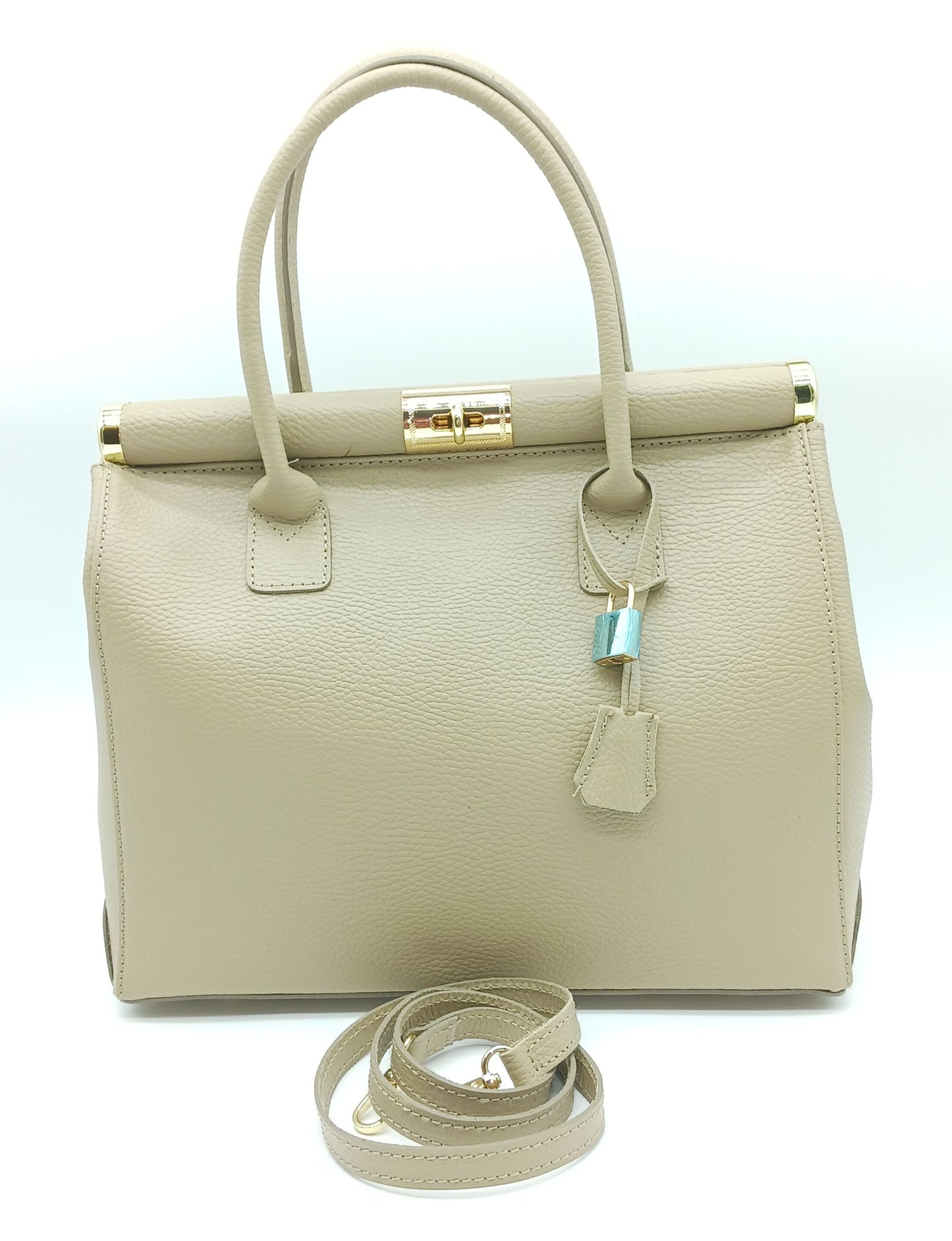 Lock & Key Genuine Pebble Leather Handbag Satchel – Made In Italy - Taupe