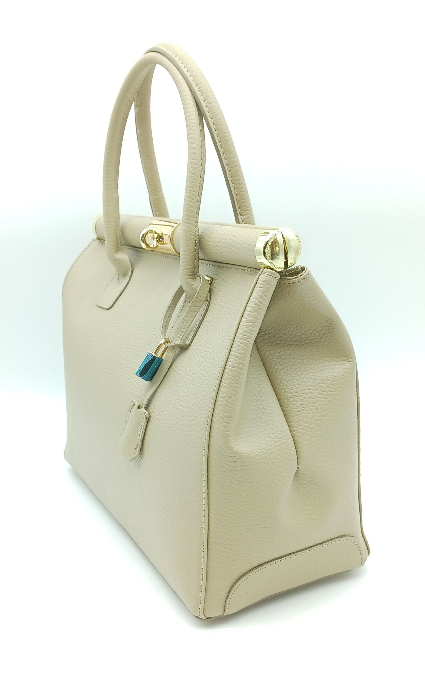 Lock & Key Genuine Pebble Leather Handbag Satchel – Made In Italy - Taupe