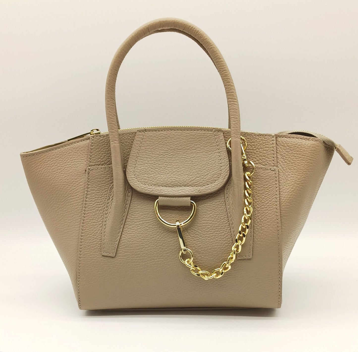 Taupe Genuine Pebble Leather Satchel Shoulder Handbag – Made In Italy