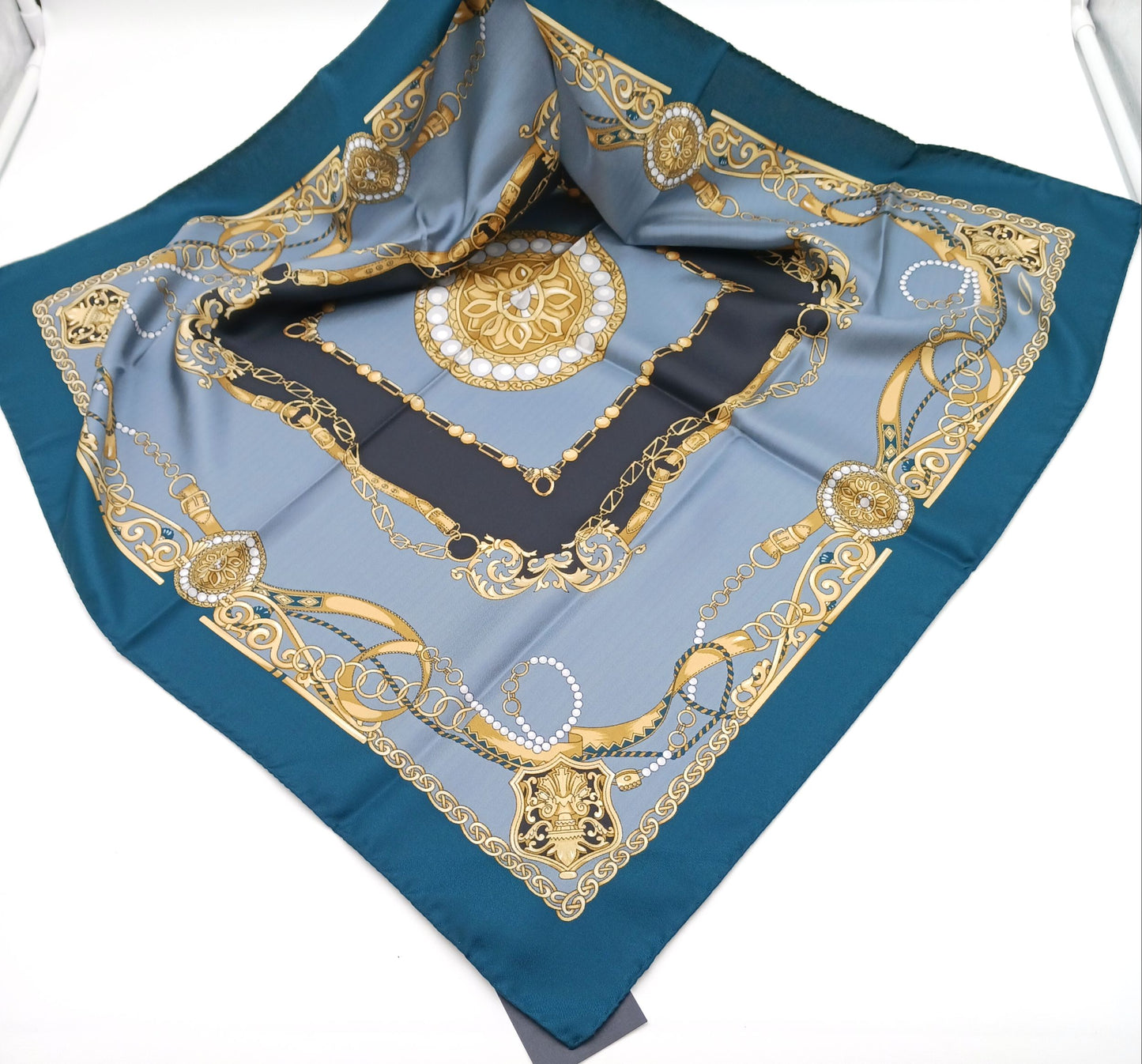Medallion Design Silk Twill Square Scarf 27x27 – Made In Italy - Teal Blue, Gray, Gold