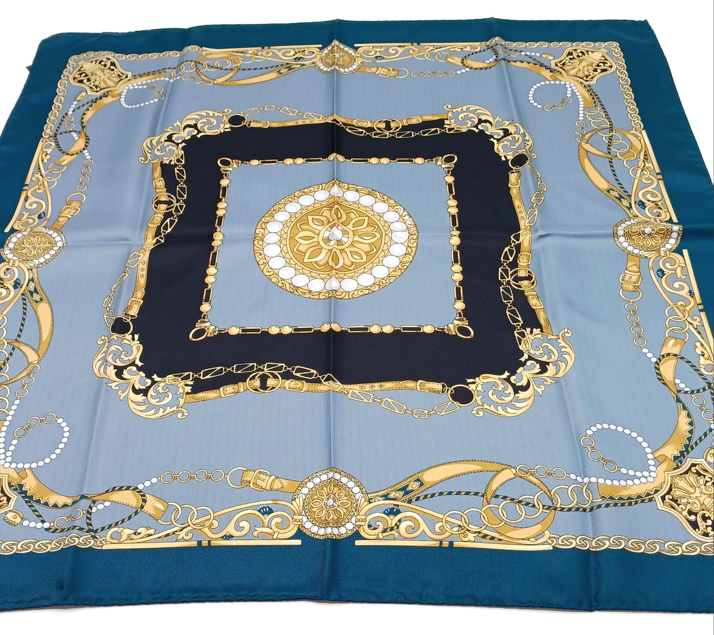 Medallion Design Silk Twill Square Scarf 27x27 – Made In Italy - Teal Blue, Gray, Gold