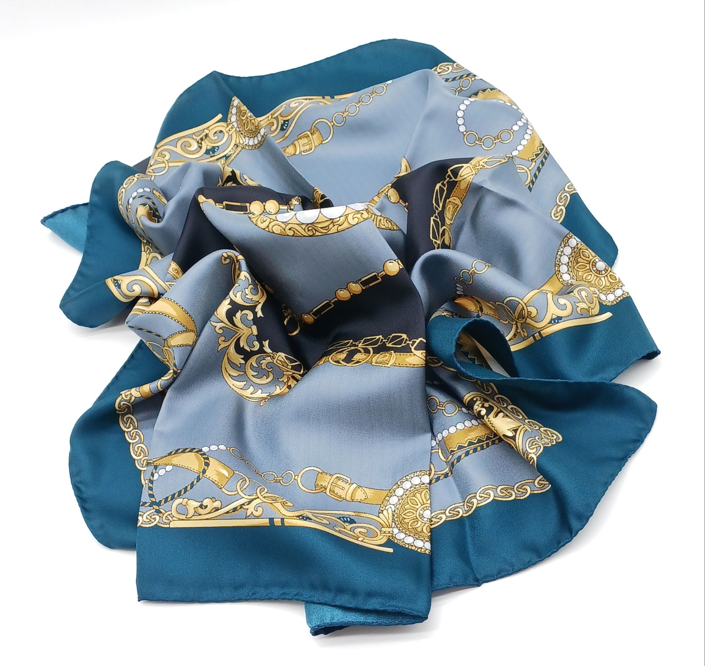 Medallion Design Silk Twill Square Scarf 27x27 – Made In Italy - Teal Blue, Gray, Gold