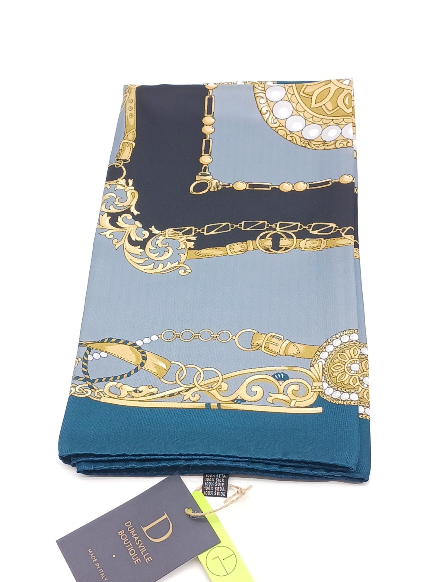 Medallion Design Silk Twill Square Scarf 27x27 – Made In Italy - Teal Blue, Gray, Gold