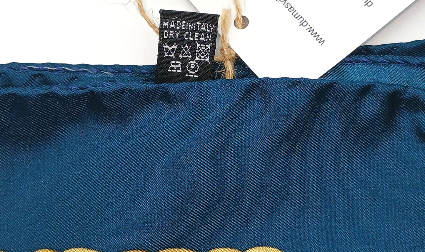 Medallion Design Silk Twill Square Scarf 27x27 – Made In Italy - Teal Blue, Gray, Gold