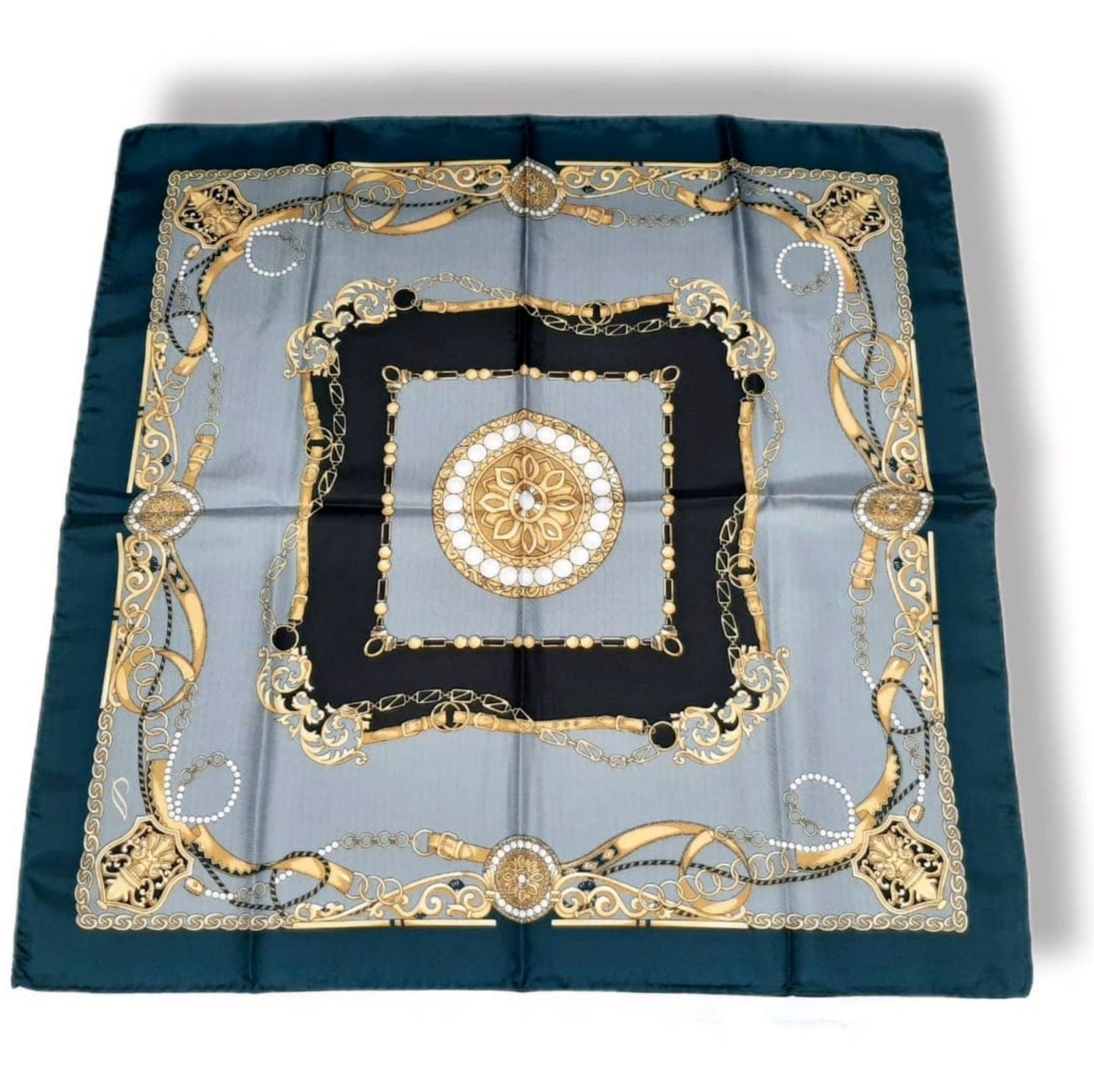 Medallion Design Silk Twill Square Scarf 27x27 – Made In Italy - Teal Blue, Gray, Gold