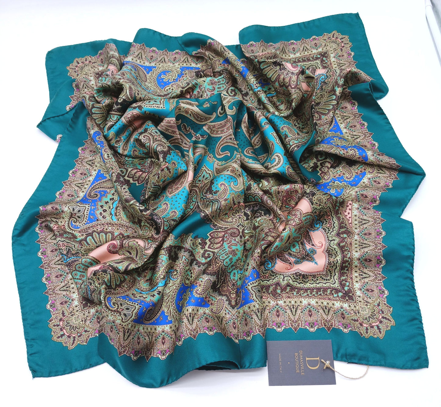Teal Paisley Design Silk Twill Square Scarf 35x35 – Made In Italy
