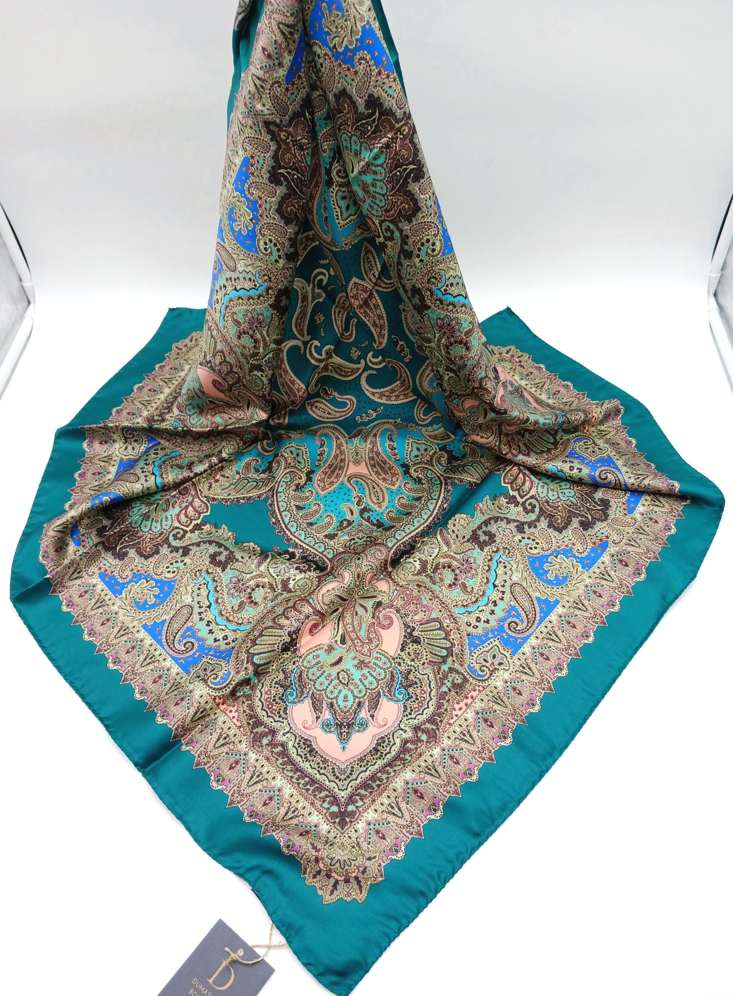 Teal Paisley Design Silk Twill Square Scarf 35x35 – Made In Italy
