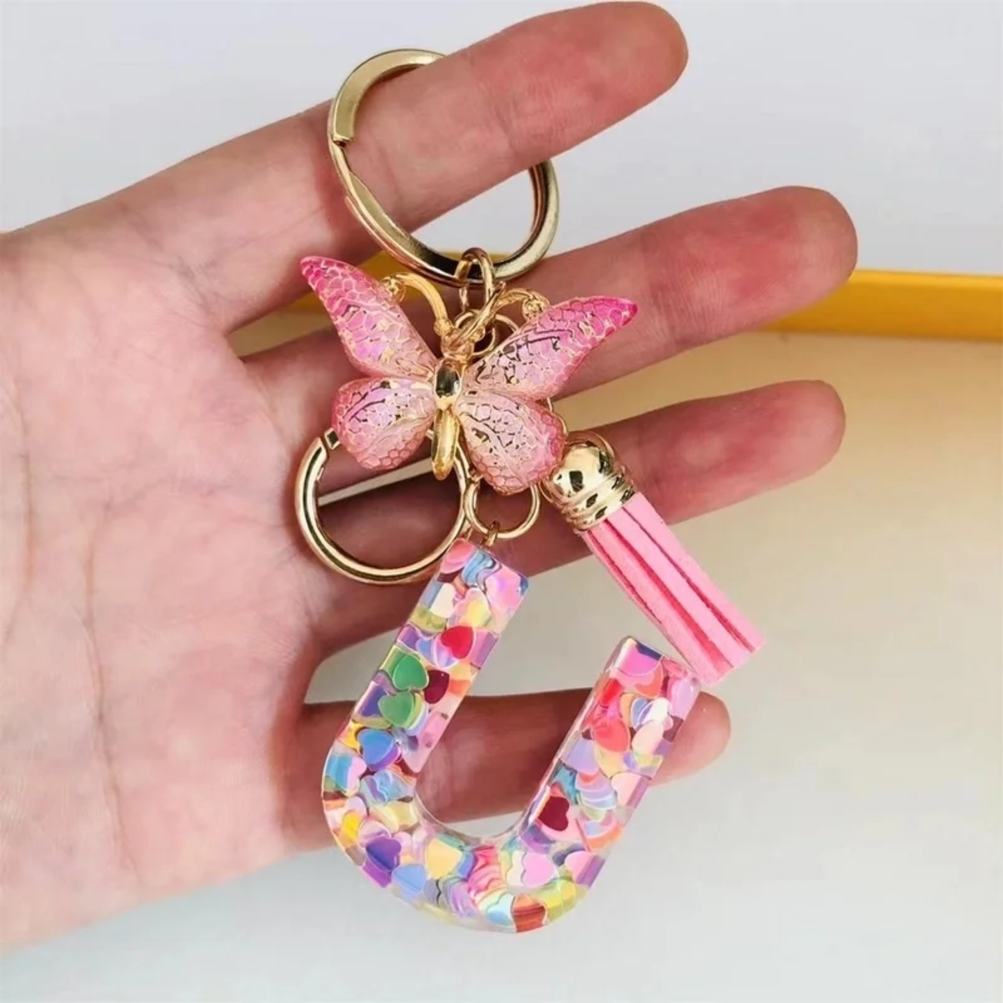 Pink Personalized Resin Alphabet Initial Tassel Butterfly Keychain Bag Charm