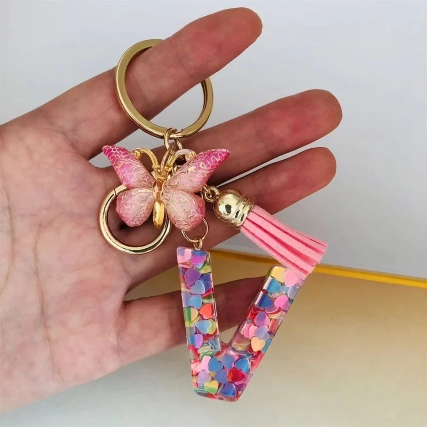 Pink Personalized Resin Alphabet Initial Tassel Butterfly Keychain Bag Charm