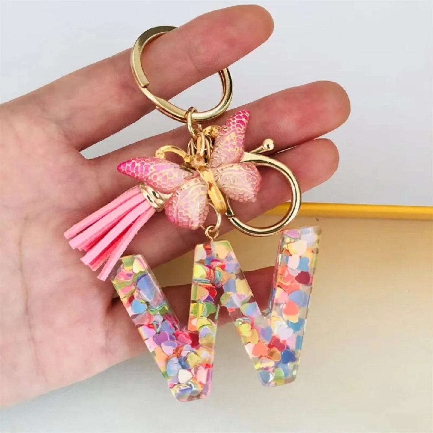 Pink Personalized Resin Alphabet Initial Tassel Butterfly Keychain Bag Charm