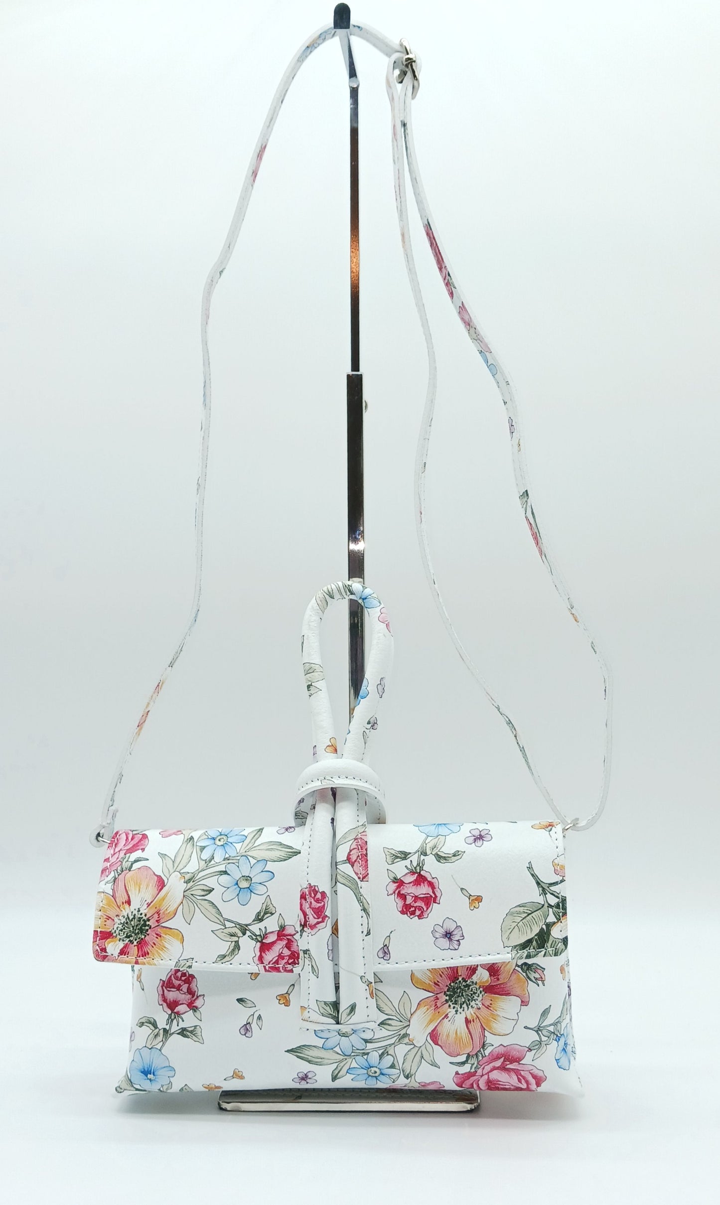 Genuine Pebble Leather Crossbody Handbag - White Floral – Made In Italy