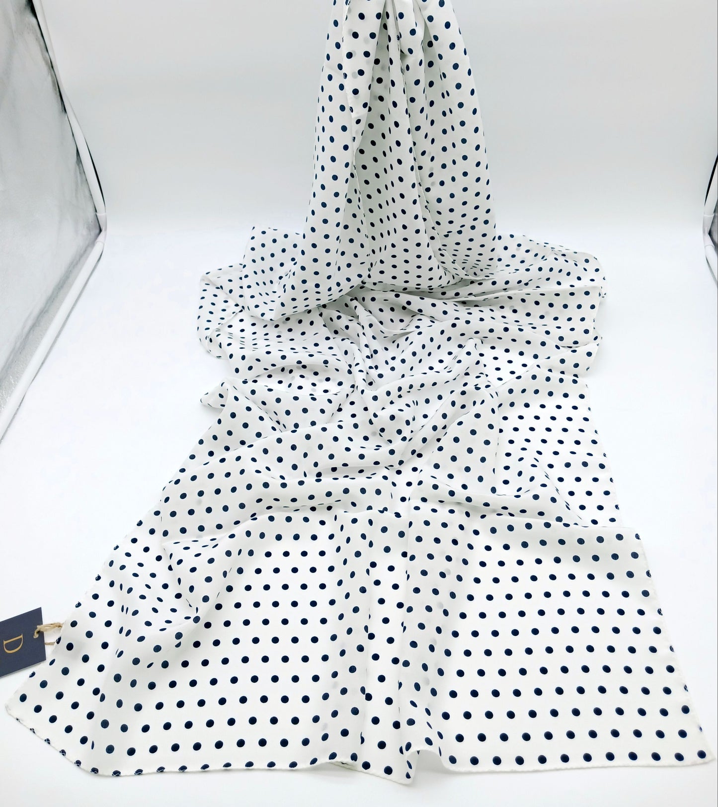 Silk White Blue Polka Dot Scarf 70x27 – Made In Italy - DumasvilleBoutique