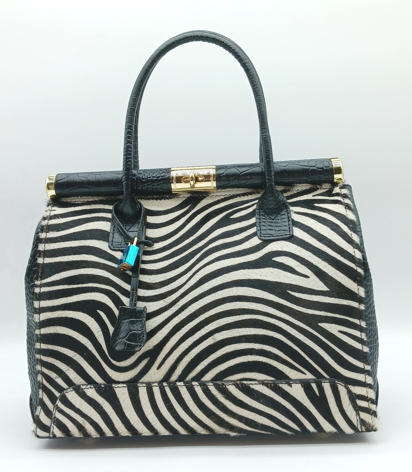 Lock & Key White Zebra Fur Black Croc Embossed Genuine Leather Handbag Satchel – Made In Italy