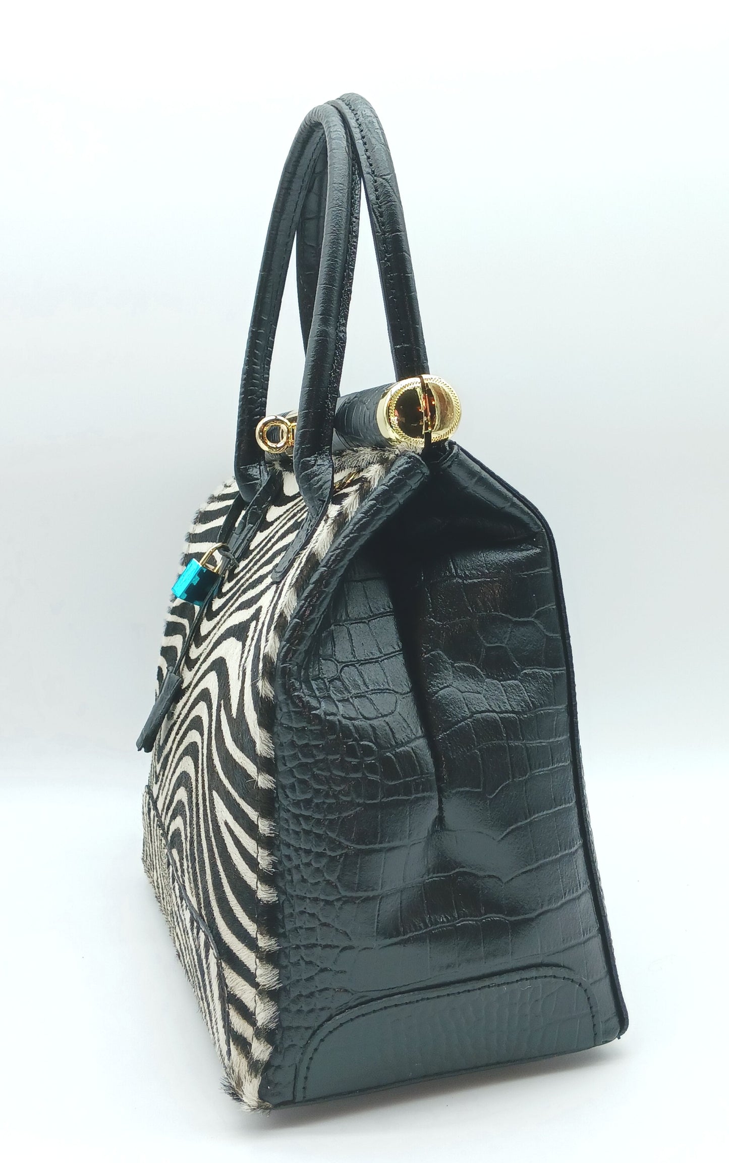 Lock & Key White Zebra Fur Black Croc Embossed Genuine Leather Handbag Satchel – Made In Italy