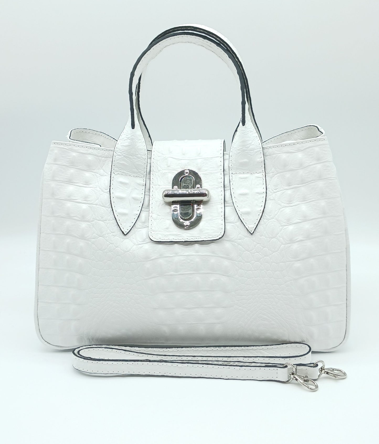 Genuine Leather Croc Embossed Satchel Handbag - White – Made In Italy