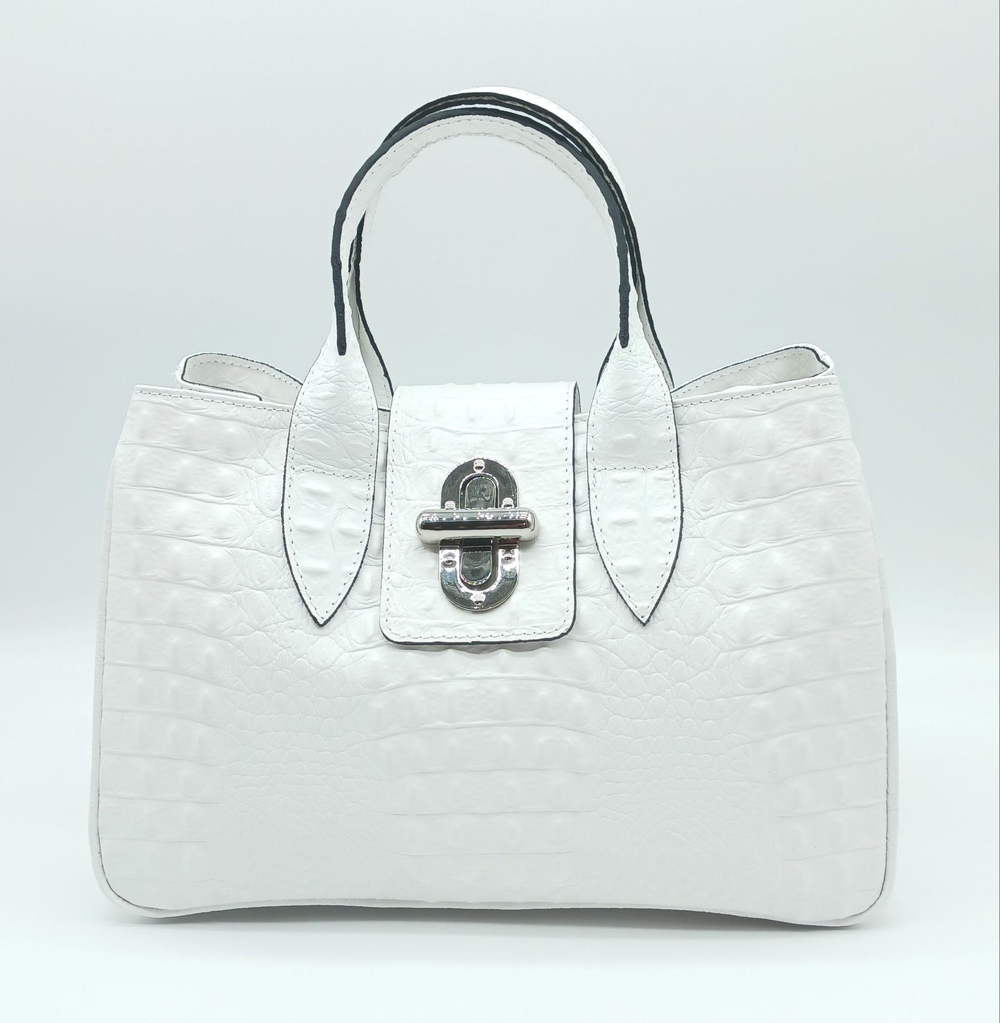 Genuine Leather Croc Embossed Satchel Handbag - White – Made In Italy
