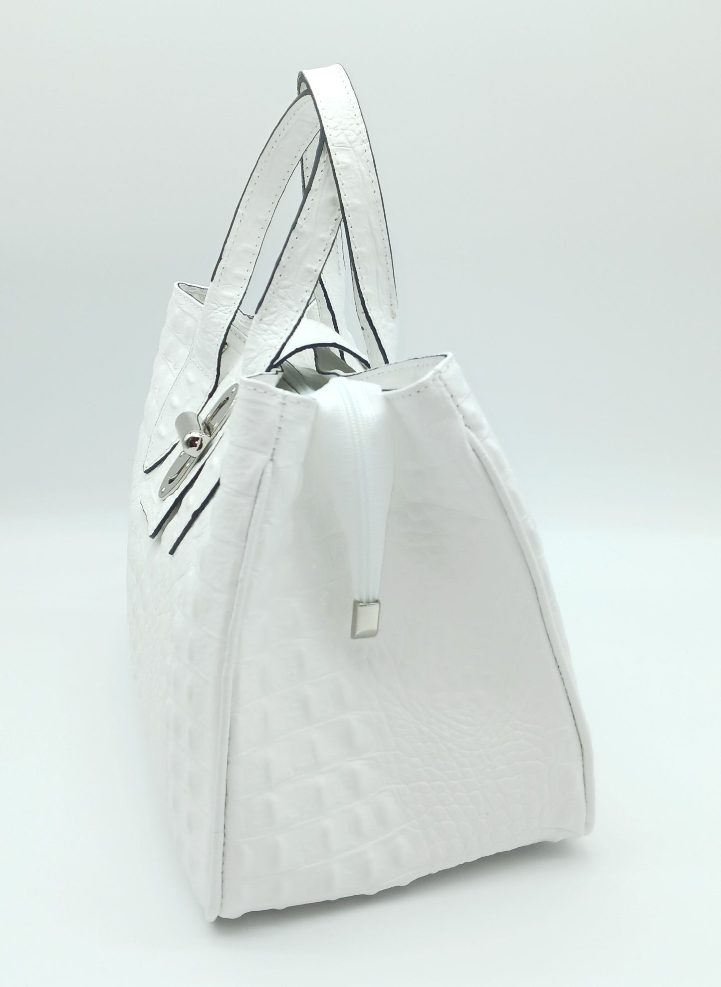 Genuine Leather Croc Embossed Satchel Handbag - White – Made In Italy