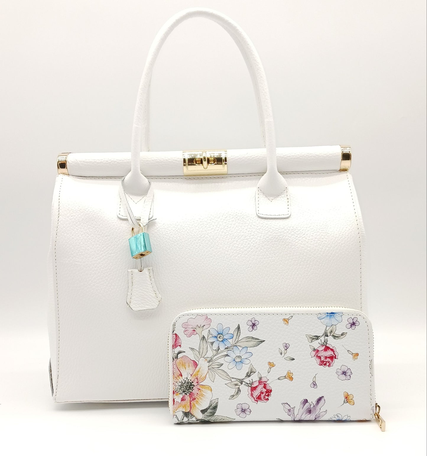Genuine Pebble Leather Zip Wallet – Made In Italy - White Floral