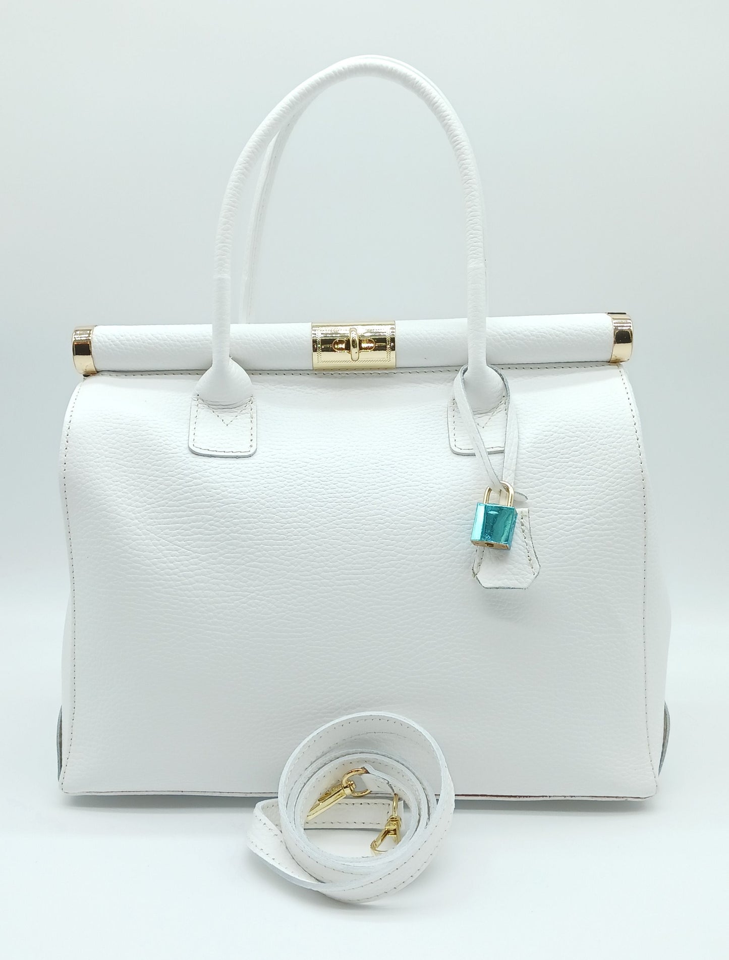 Lock & Key Genuine Pebble Leather Handbag Satchel - White – Made In Italy