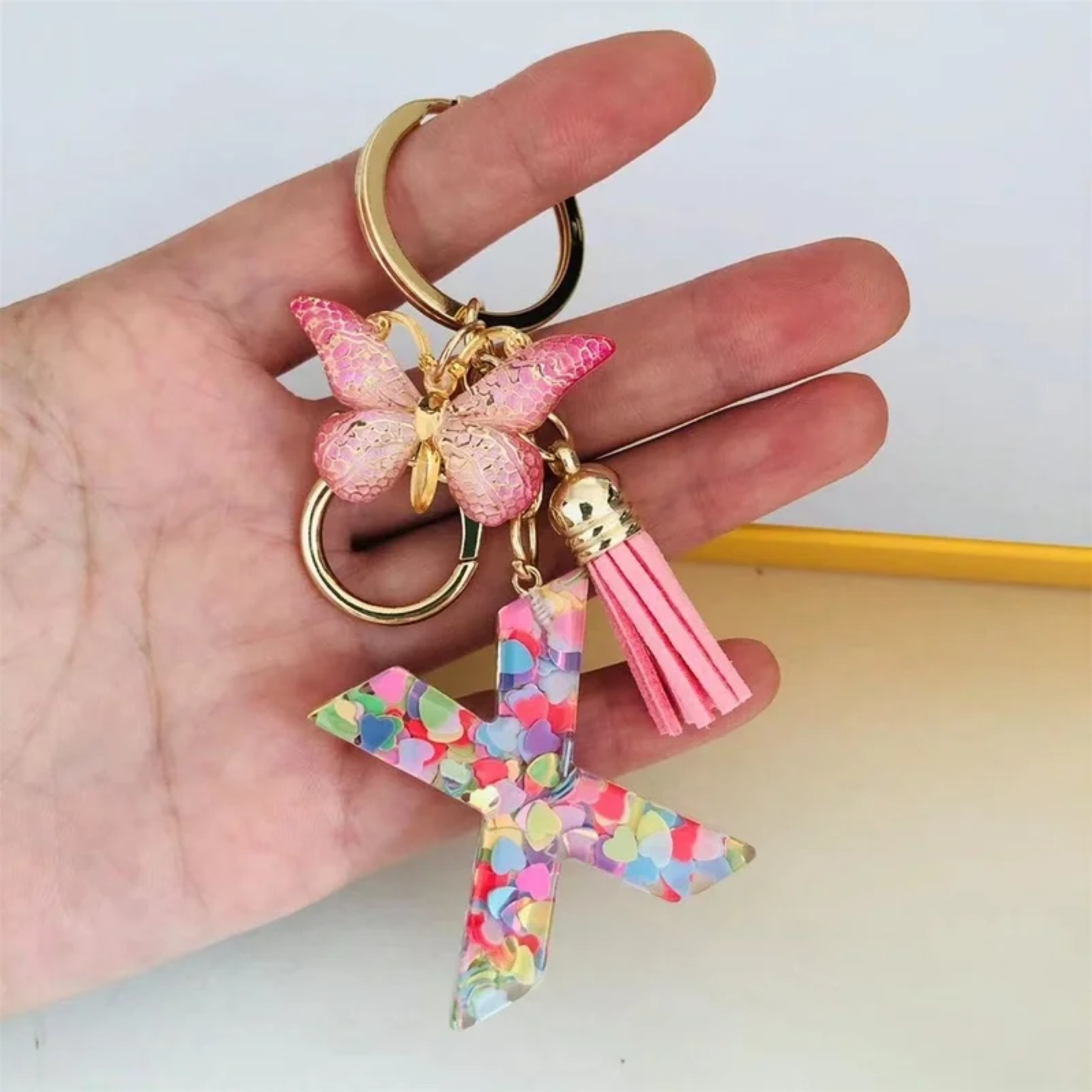 Pink Personalized Resin Alphabet Initial Tassel Butterfly Keychain Bag Charm