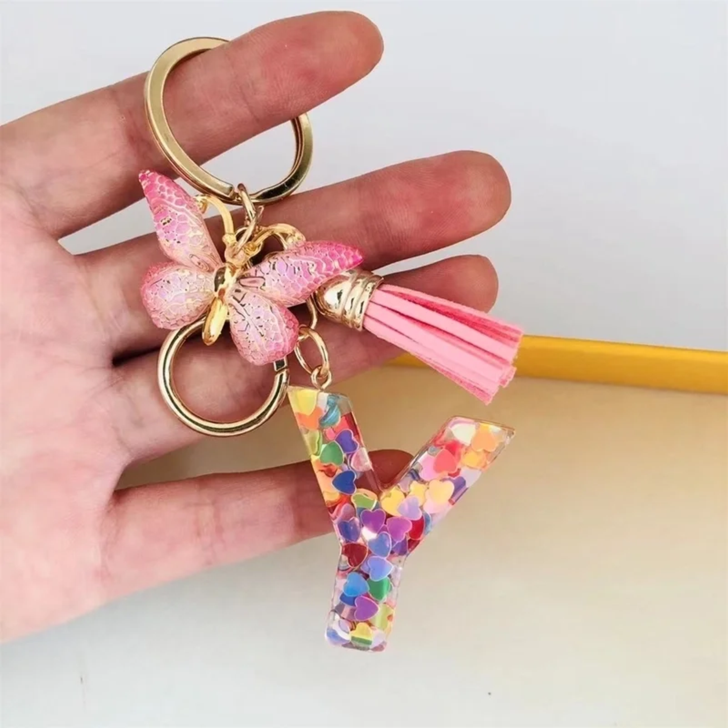 Pink Personalized Resin Alphabet Initial Tassel Butterfly Keychain Bag Charm