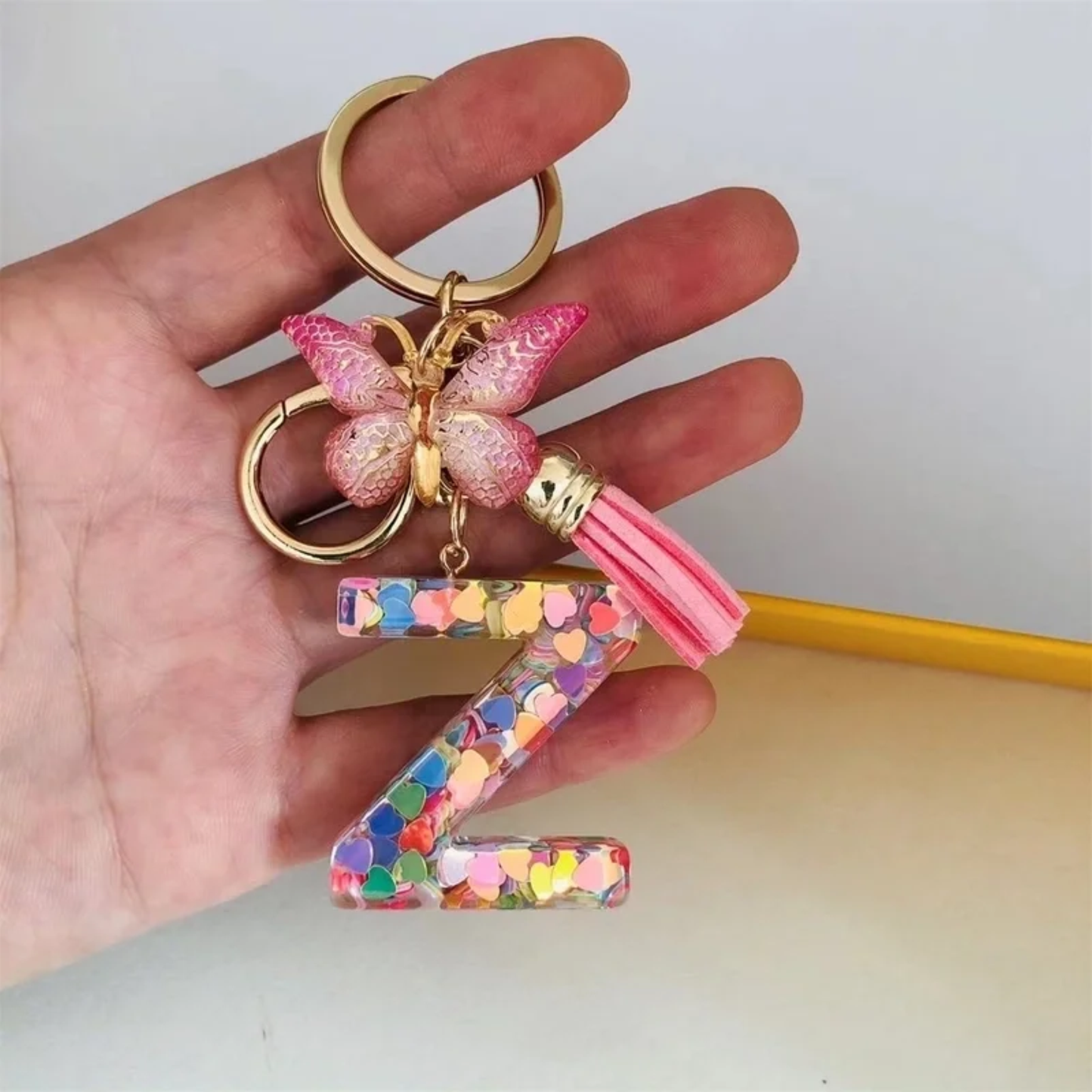 Pink Personalized Resin Alphabet Initial Tassel Butterfly Keychain Bag Charm