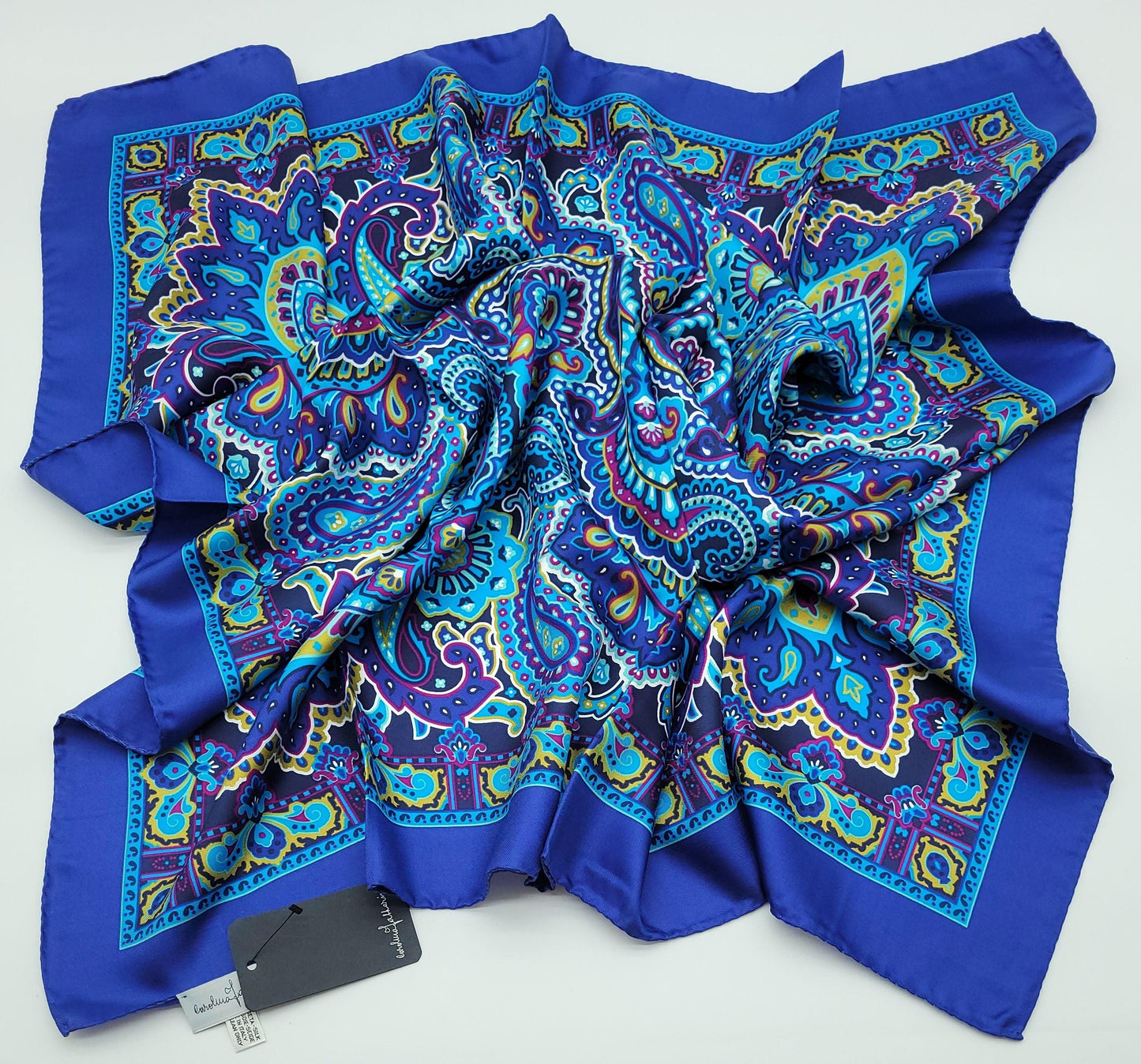 Designer Blue Paisley Silk Twill Square Scarf 35x35 – Made In Italy - DumasvilleBoutique
