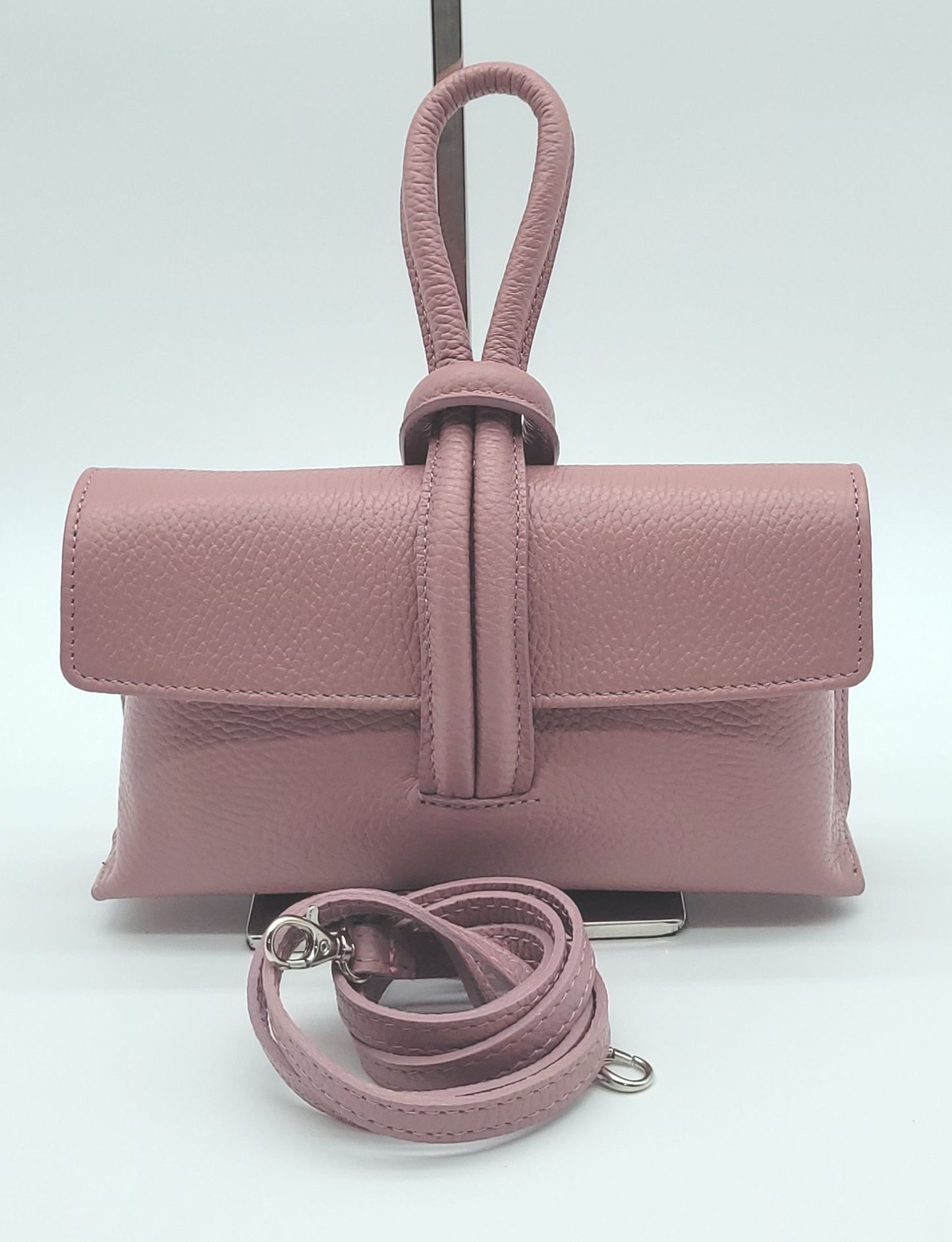 Genuine Pebble Leather Crossbody Handbag - Antique Pink – Made In Italy