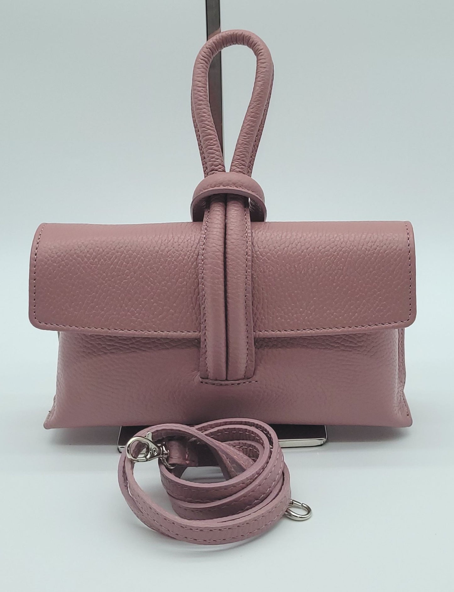 Genuine Pebble Leather Crossbody Handbag - Antique Pink – Made In Italy