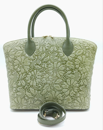 Army Green Genuine Leather Floral Embossed Handbag Satchel – Made In Italy