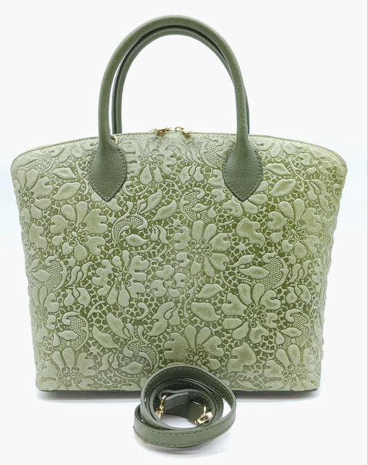 Army Green Genuine Leather Floral Embossed Handbag Satchel – Made In Italy