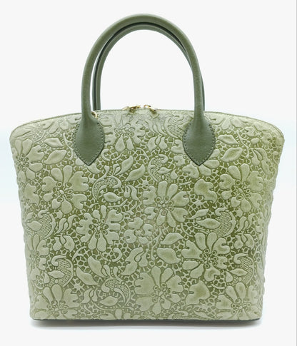 Army Green Genuine Leather Floral Embossed Handbag Satchel – Made In Italy