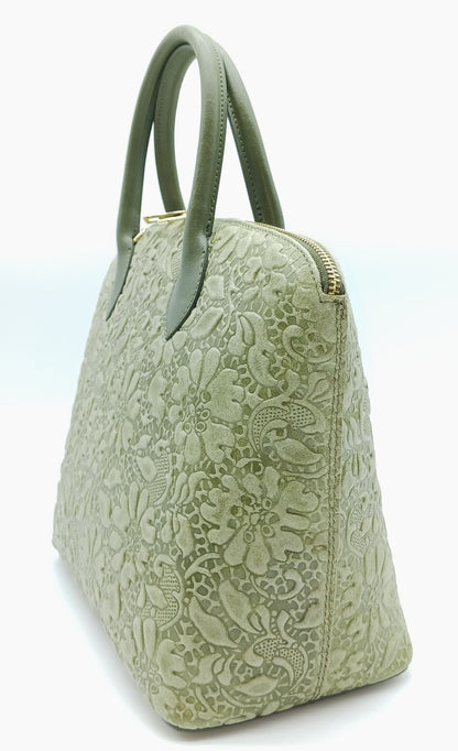 Army Green Genuine Leather Floral Embossed Handbag Satchel – Made In Italy