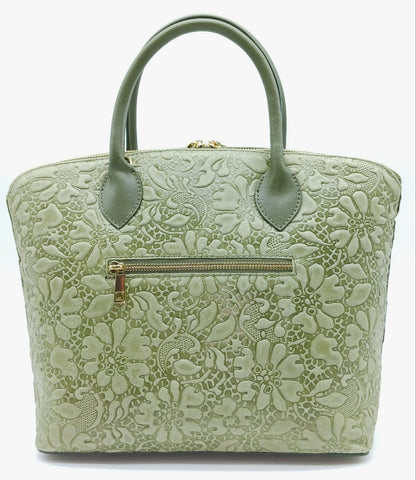 Army Green Genuine Leather Floral Embossed Handbag Satchel – Made In Italy