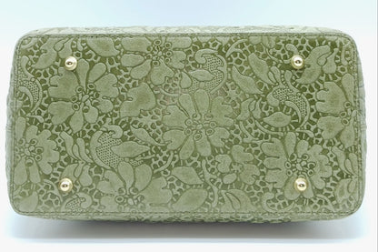 Army Green Genuine Leather Floral Embossed Handbag Satchel – Made In Italy