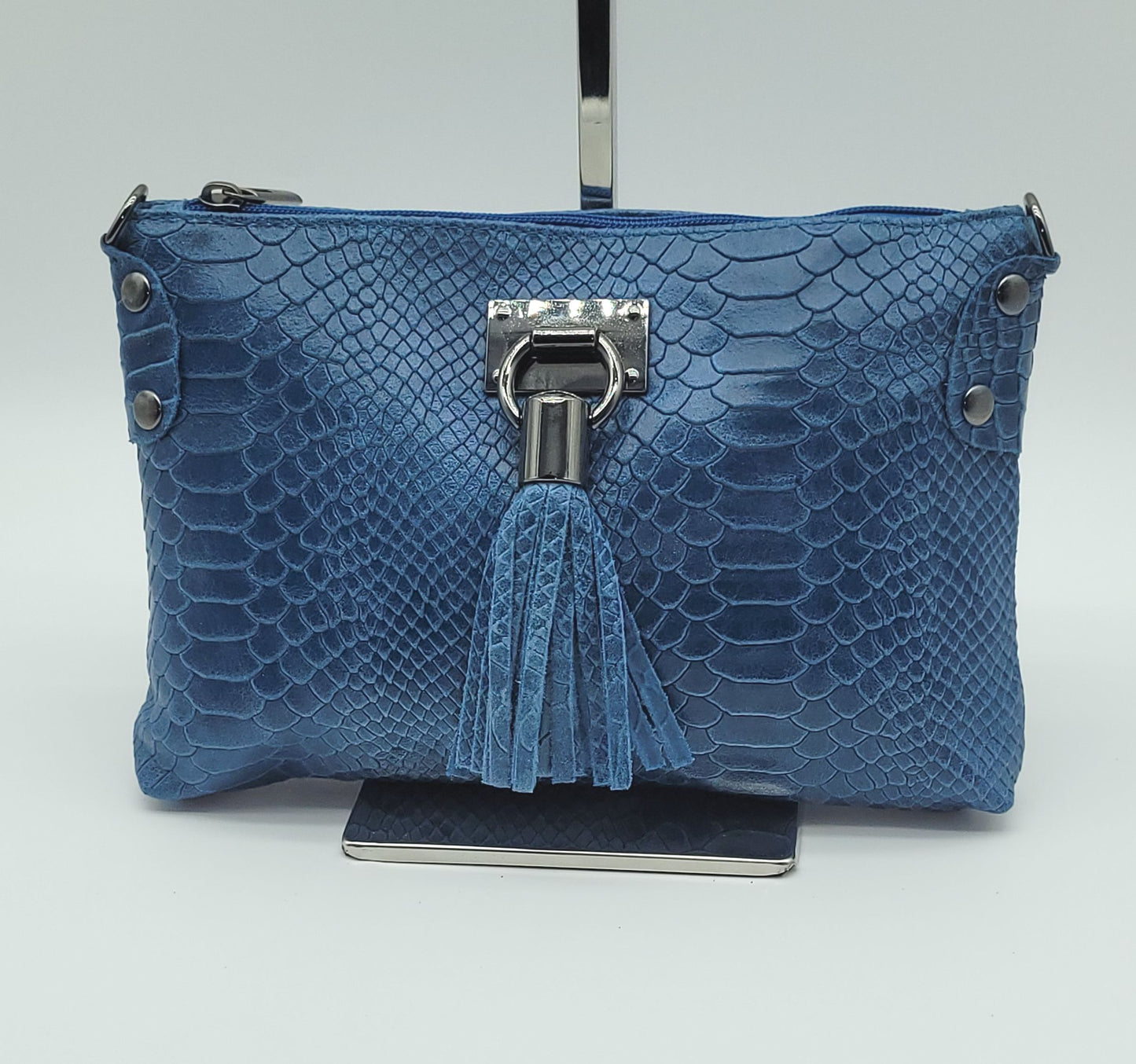 Snake Embossed Genuine Leather Crossbody Handbag - Blue – Made In Italy