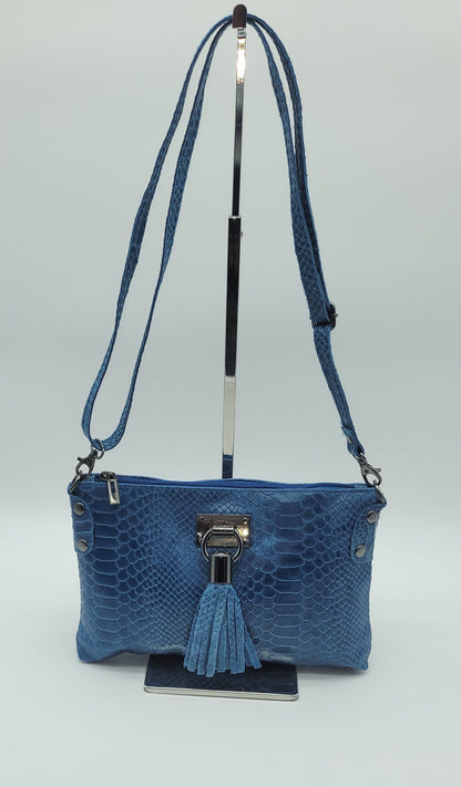 Snake Embossed Genuine Leather Crossbody Handbag - Blue – Made In Italy