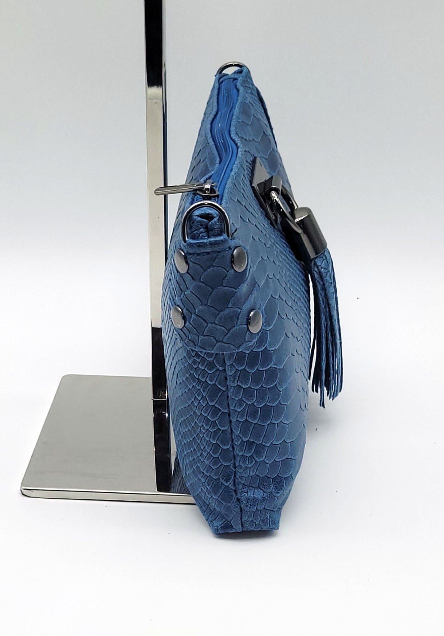 Snake Embossed Genuine Leather Crossbody Handbag - Blue – Made In Italy