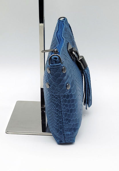 Snake Embossed Genuine Leather Crossbody Handbag - Blue – Made In Italy