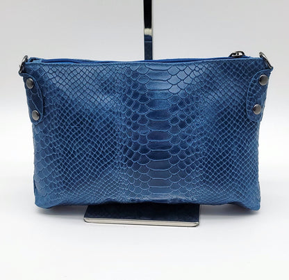 Snake Embossed Genuine Leather Crossbody Handbag - Blue – Made In Italy