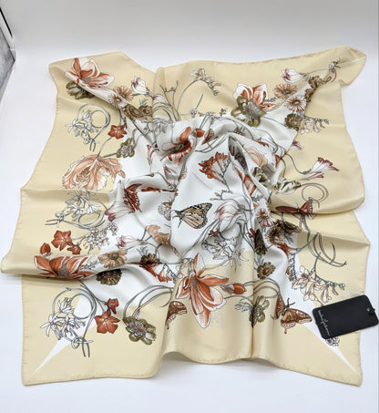 Designer Flower Silk Twill Square Scarf 35x35 – Made In Italy - Beige