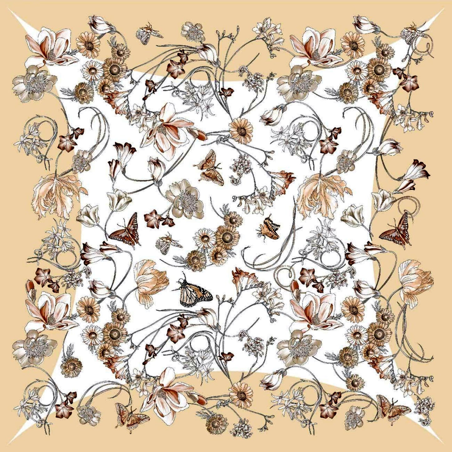 Designer Flower Silk Twill Square Scarf 35x35 – Made In Italy - Beige