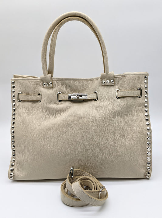 Genuine Pebble Leather Studded Satchel - Beige – Made In Italy - DumasvilleBoutique